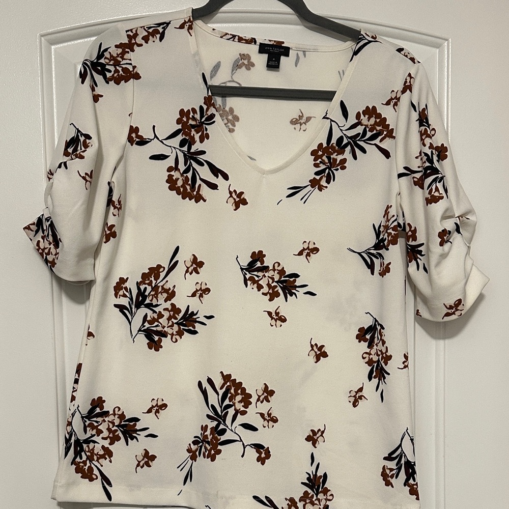 Ann Taylor White Blouse with Brown Floral Design